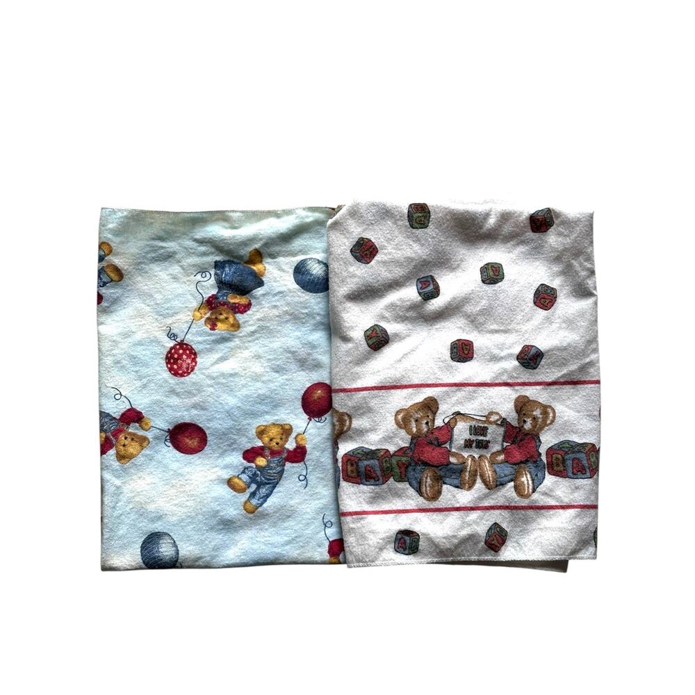 Vintage Blue Jean Teddy Bear Flannel Receiving Blankets Set of 2